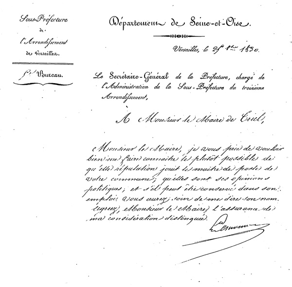 Lettre du secrétaire de la préfecture de Versailles - 1830 - (Archive municipales de Triel)