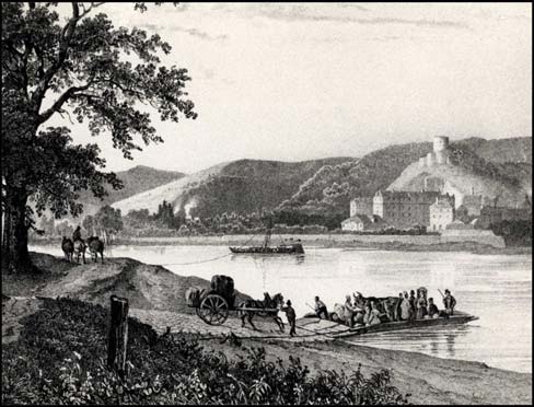 Château de la Roche-Guyon. Un grand bac assure le passage de la Seine. (Litho de V. Adam)