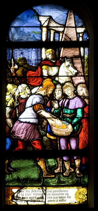 Eglise de Triel - Vitrail "Le Pendu dépendu" (détail). ID651 2 Vitrail Pendu